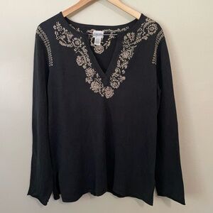 Chico's Silk Blend Embroidered Top Black Long Sleeve Split V-Neck Boho XL / 3